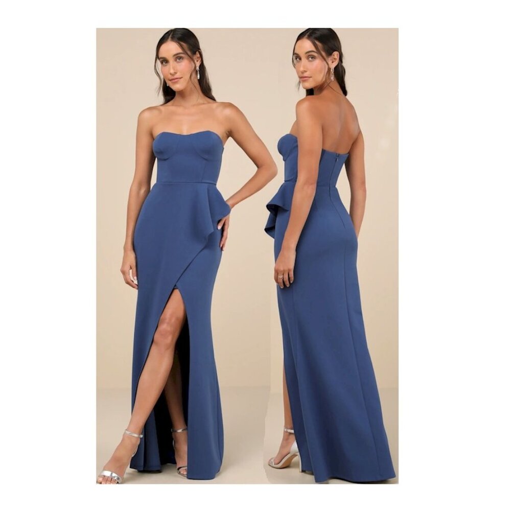 Lulus Stunning Splendor Blue Bustier Tulip Maxi Dress Size Small New NWT